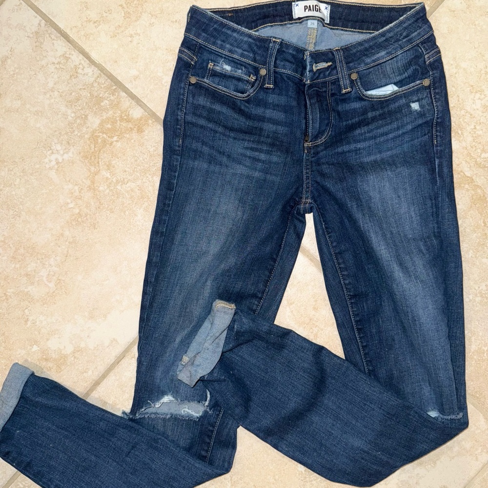 PAIGE jeans - dark wash with ripped knees